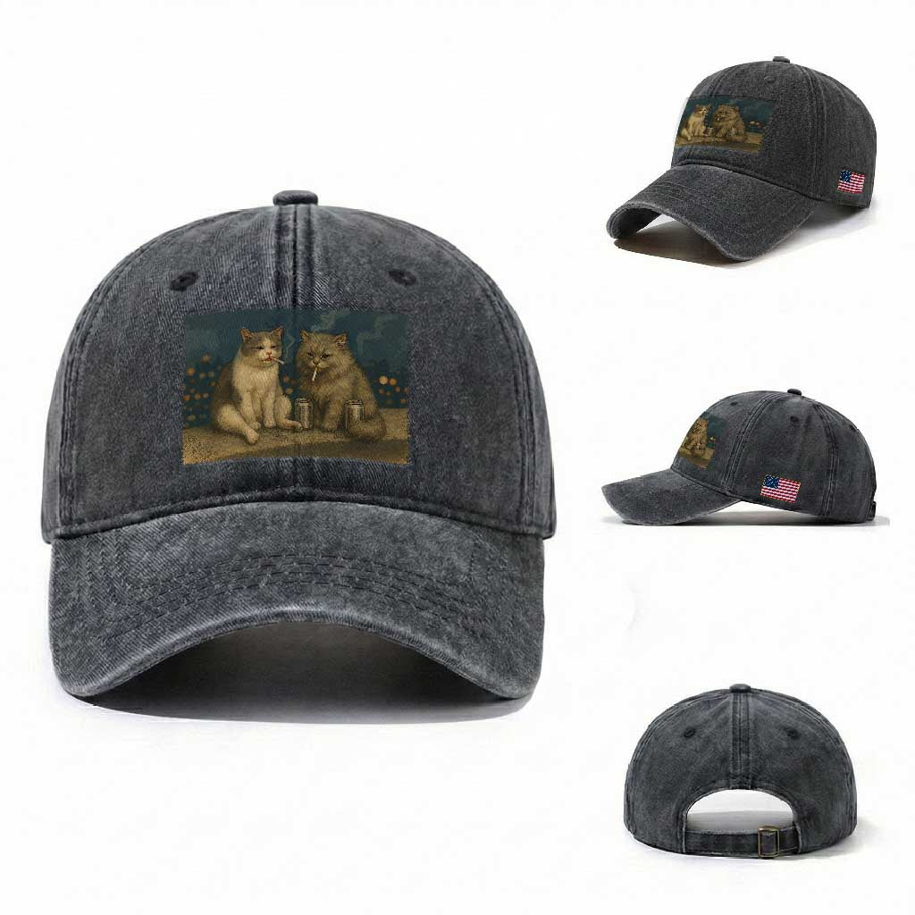 Funny Smoking Cat Washed Cotton Baseball Cap Meme Cool Kitten With Cigarette