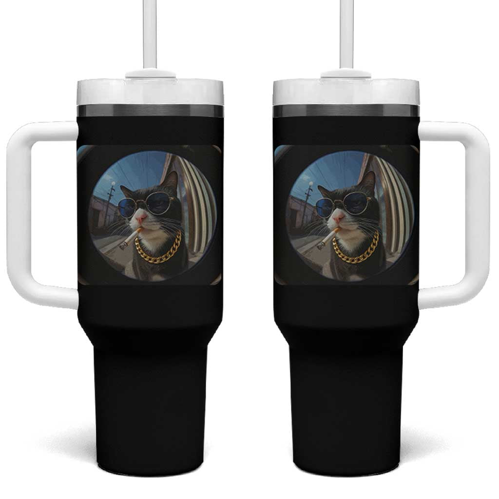 Smoking Cat Tumbler With Handle Meme Funny Cool Kitten