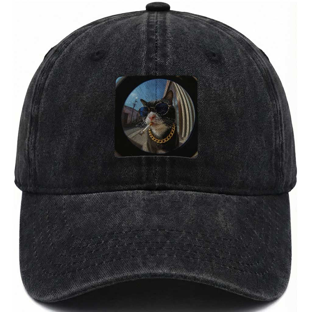 Smoking Cat Washed Cotton Baseball Cap Meme Funny Cool Kitten