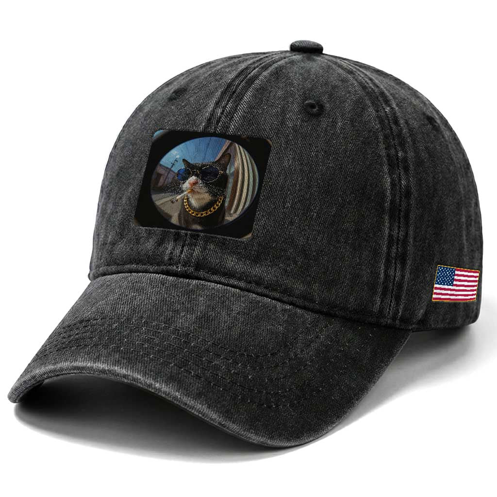 Smoking Cat Washed Cotton Baseball Cap Meme Funny Cool Kitten