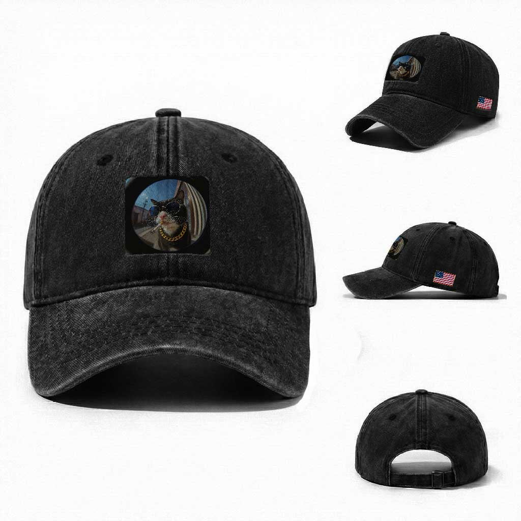Smoking Cat Washed Cotton Baseball Cap Meme Funny Cool Kitten