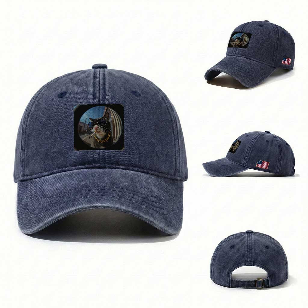 Smoking Cat Washed Cotton Baseball Cap Meme Funny Cool Kitten