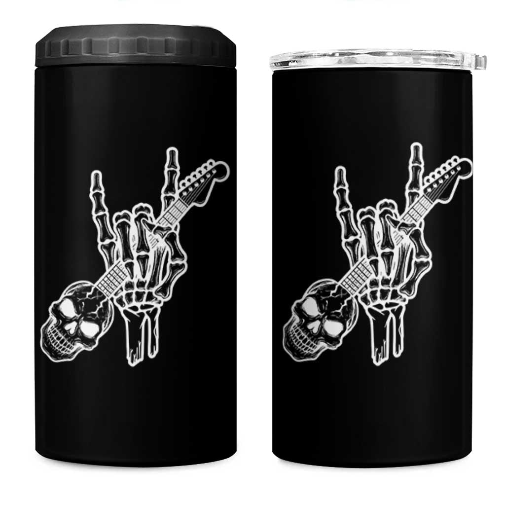 Rock N Roll 4 in 1 Can Cooler Tumbler Skeleton Hand Playing Guitar Heavy Metal Music