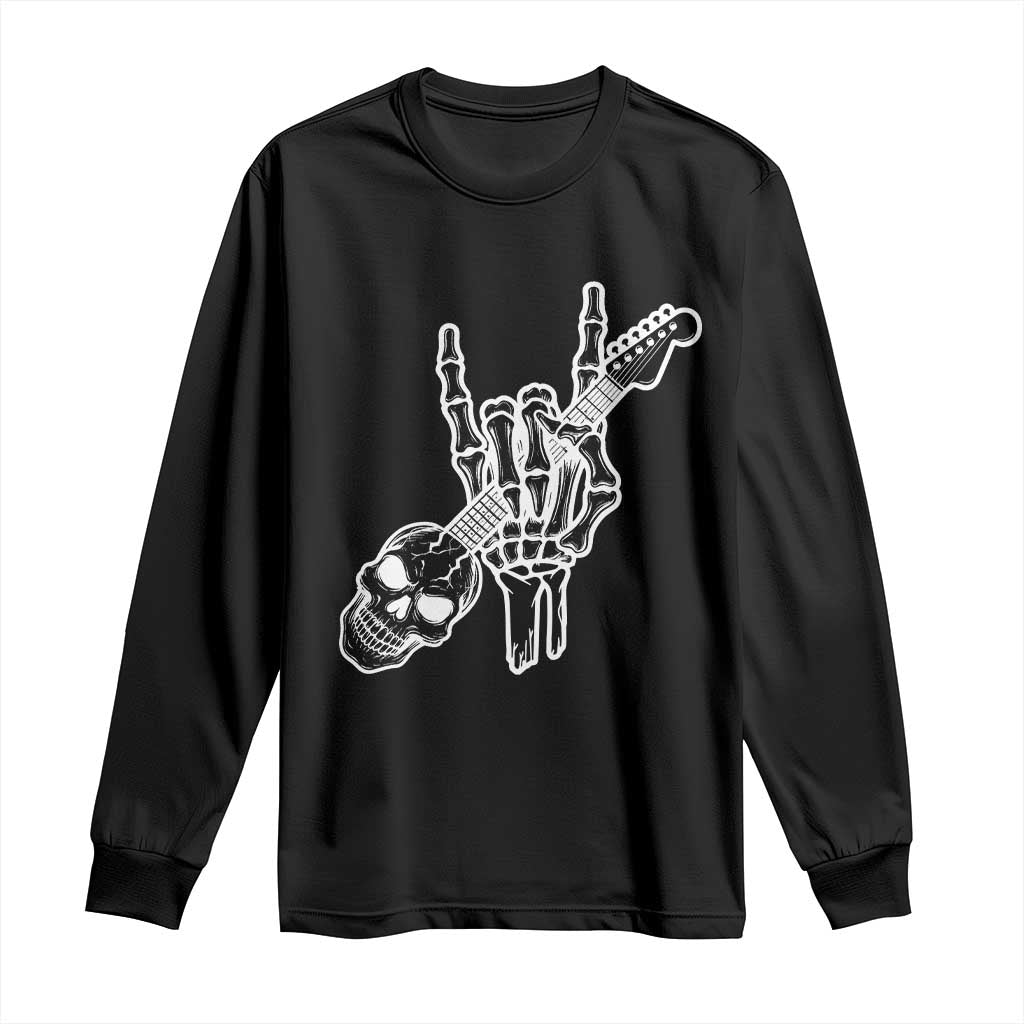 Rock N Roll Long Sleeve Shirt Skeleton Hand Playing Guitar Heavy Metal Music - Wonder Print Shop
