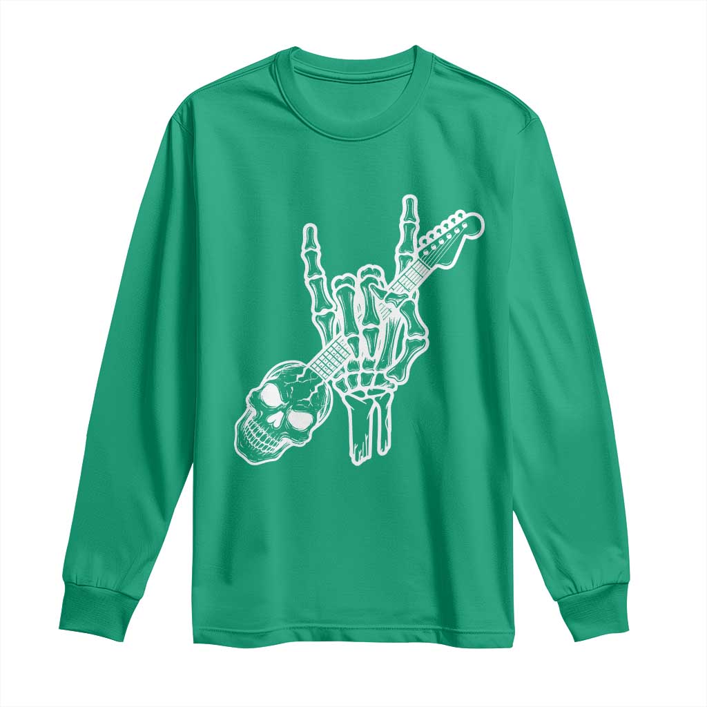 Rock N Roll Long Sleeve Shirt Skeleton Hand Playing Guitar Heavy Metal Music - Wonder Print Shop