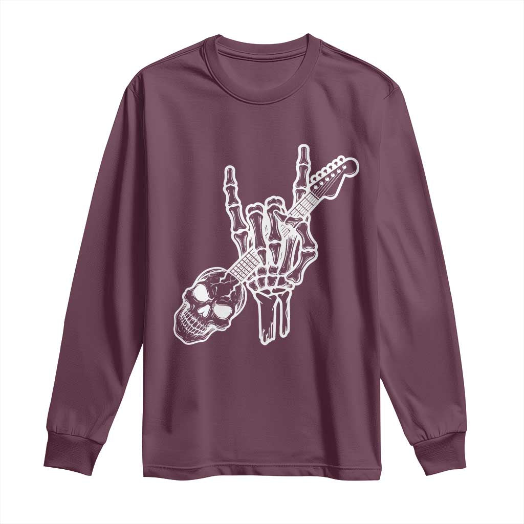 Rock N Roll Long Sleeve Shirt Skeleton Hand Playing Guitar Heavy Metal Music - Wonder Print Shop
