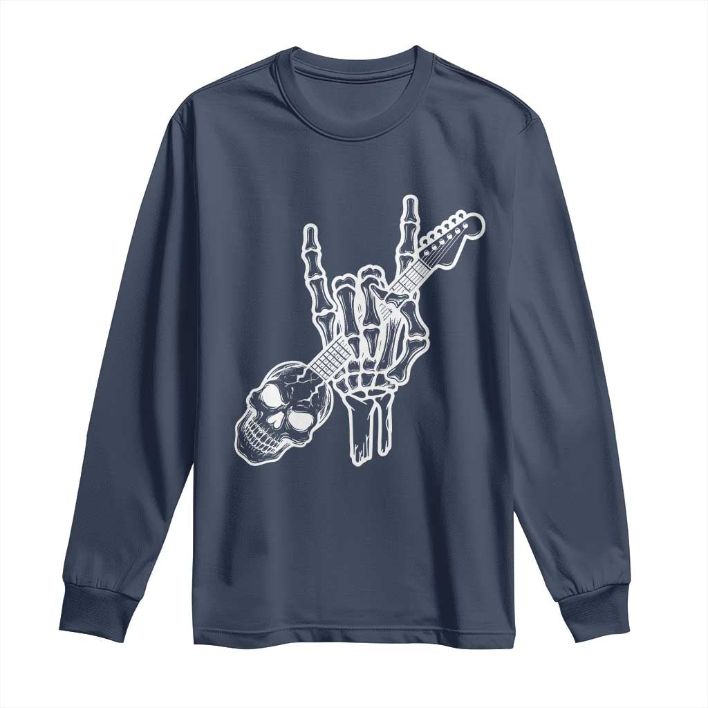Rock N Roll Long Sleeve Shirt Skeleton Hand Playing Guitar Heavy Metal Music - Wonder Print Shop