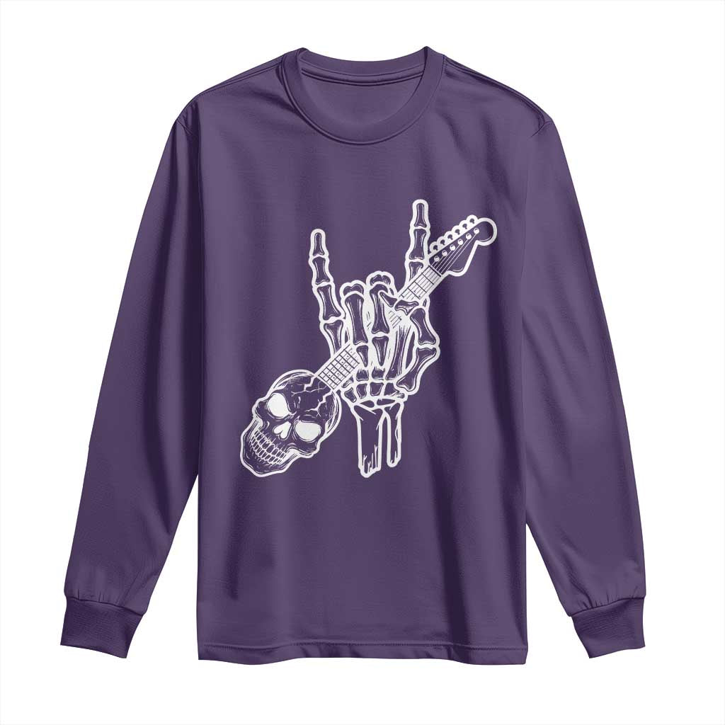 Rock N Roll Long Sleeve Shirt Skeleton Hand Playing Guitar Heavy Metal Music - Wonder Print Shop