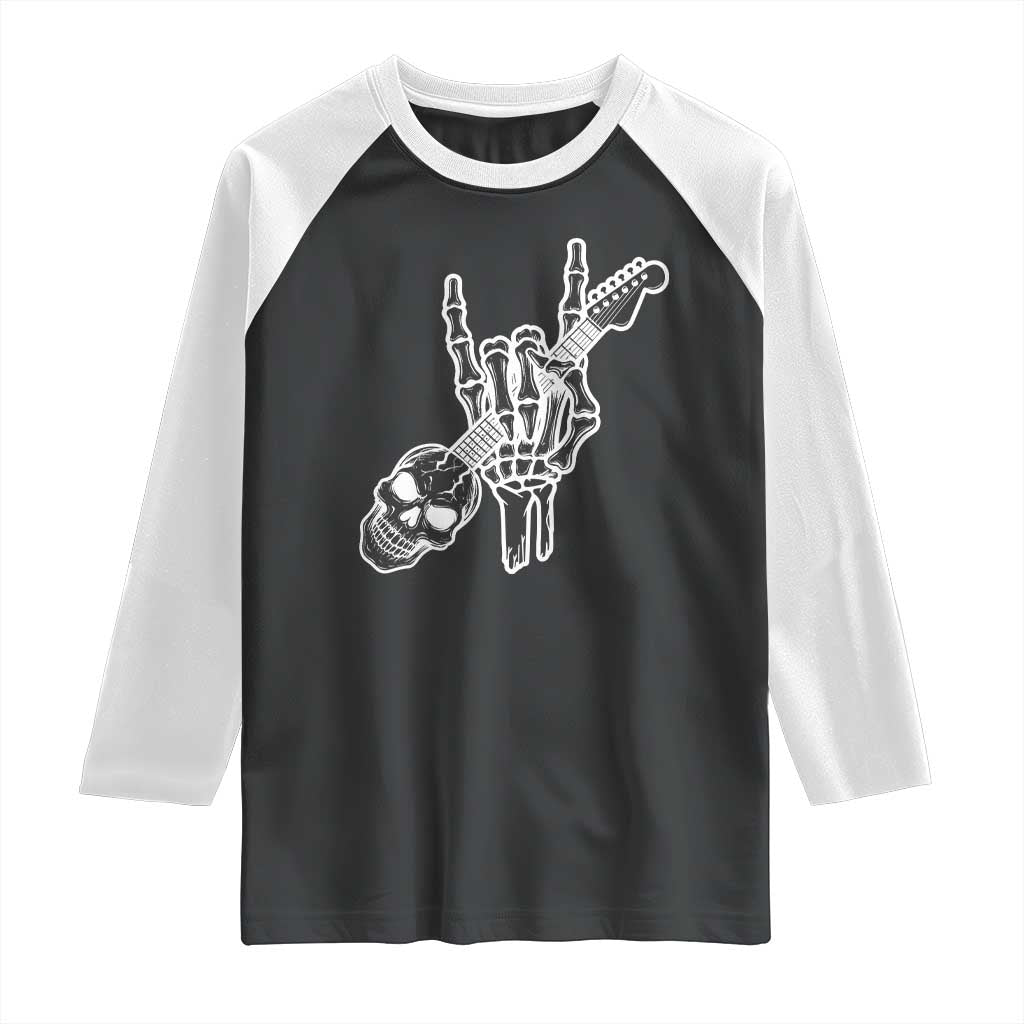 Rock N Roll Raglan Shirt Skeleton Hand Playing Guitar Heavy Metal Music - Wonder Print Shop