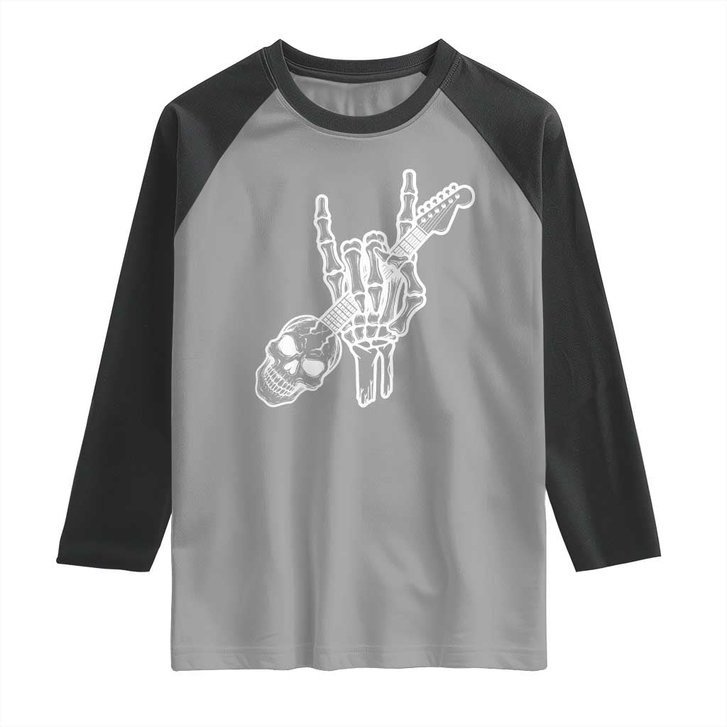 Rock N Roll Raglan Shirt Skeleton Hand Playing Guitar Heavy Metal Music - Wonder Print Shop