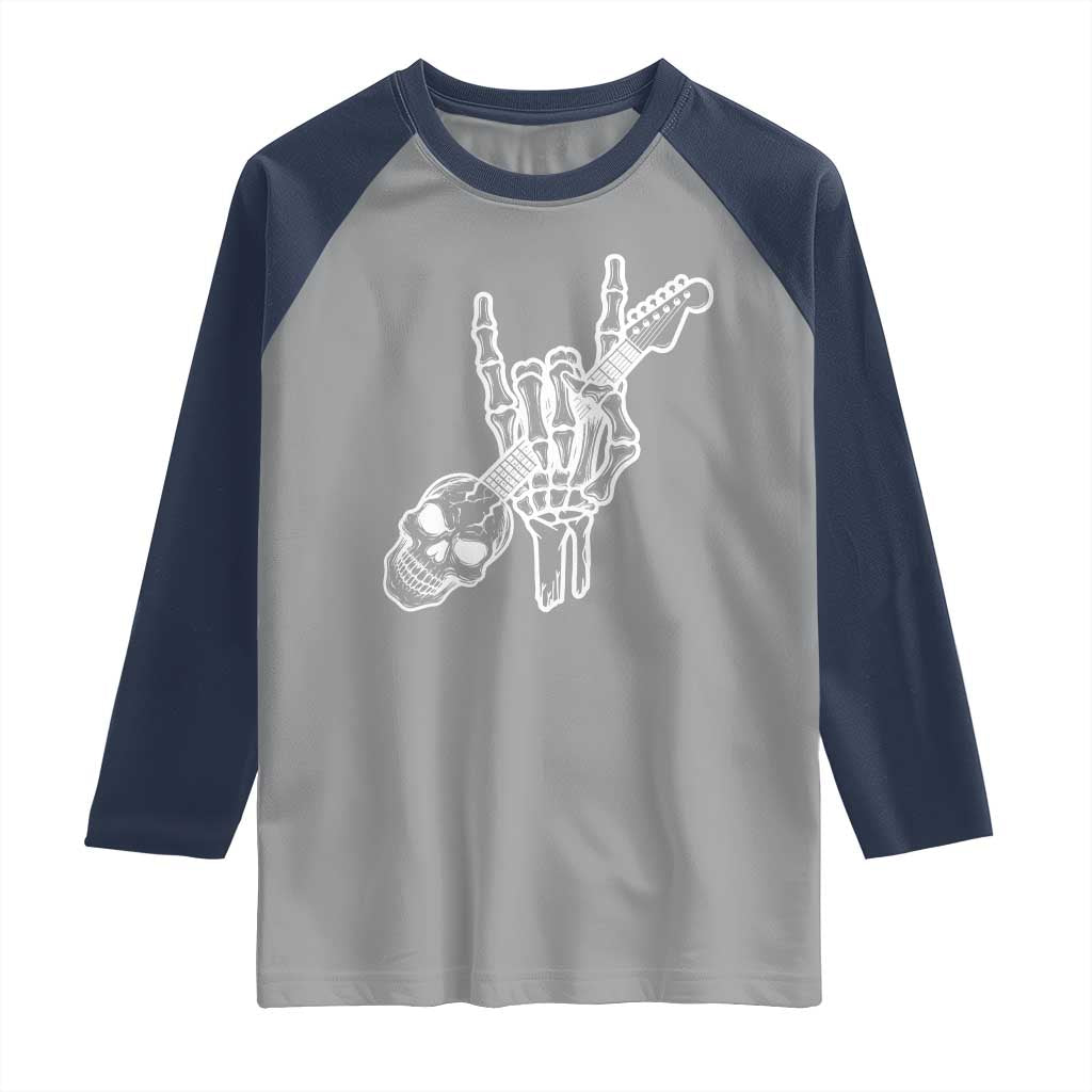 Rock N Roll Raglan Shirt Skeleton Hand Playing Guitar Heavy Metal Music - Wonder Print Shop