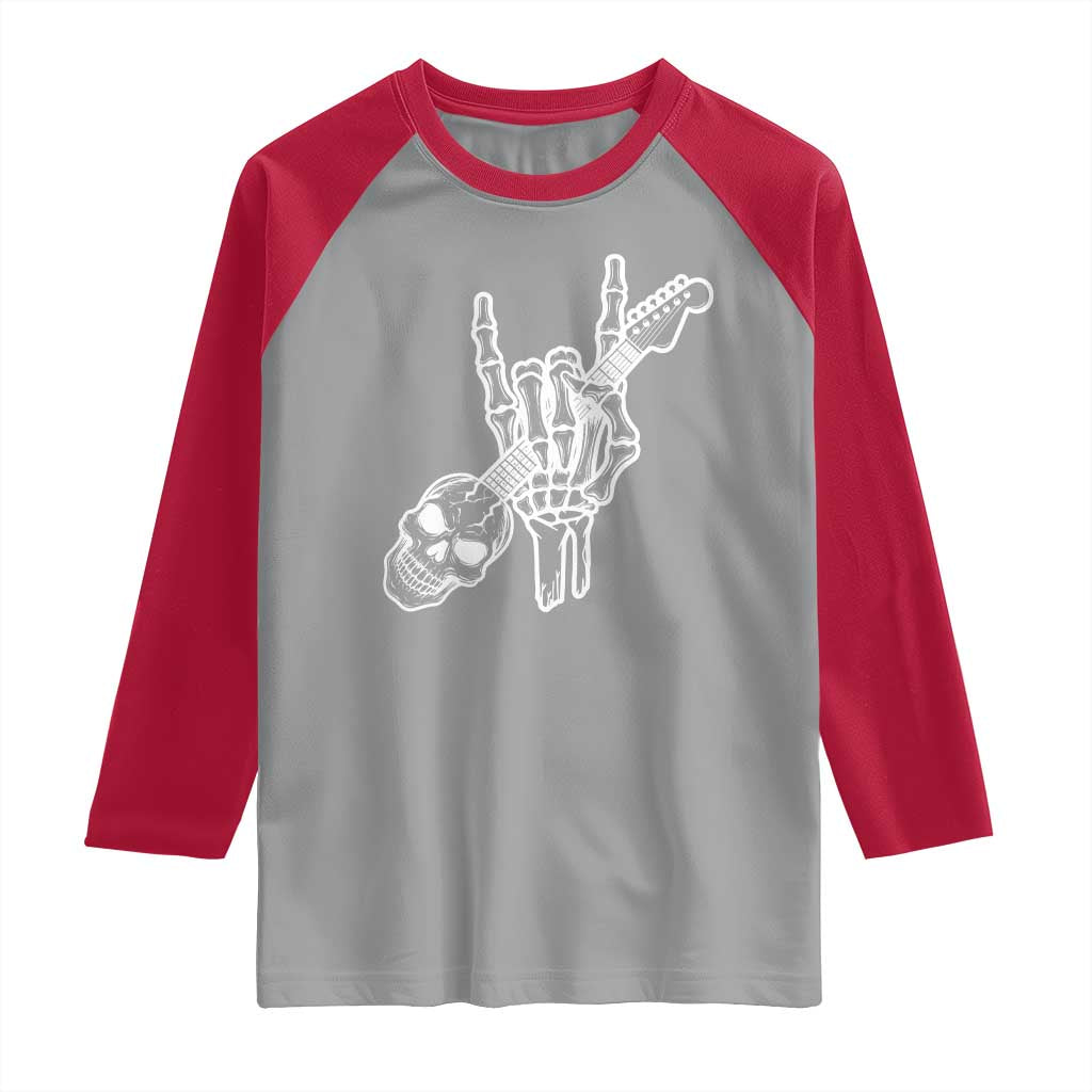Rock N Roll Raglan Shirt Skeleton Hand Playing Guitar Heavy Metal Music - Wonder Print Shop