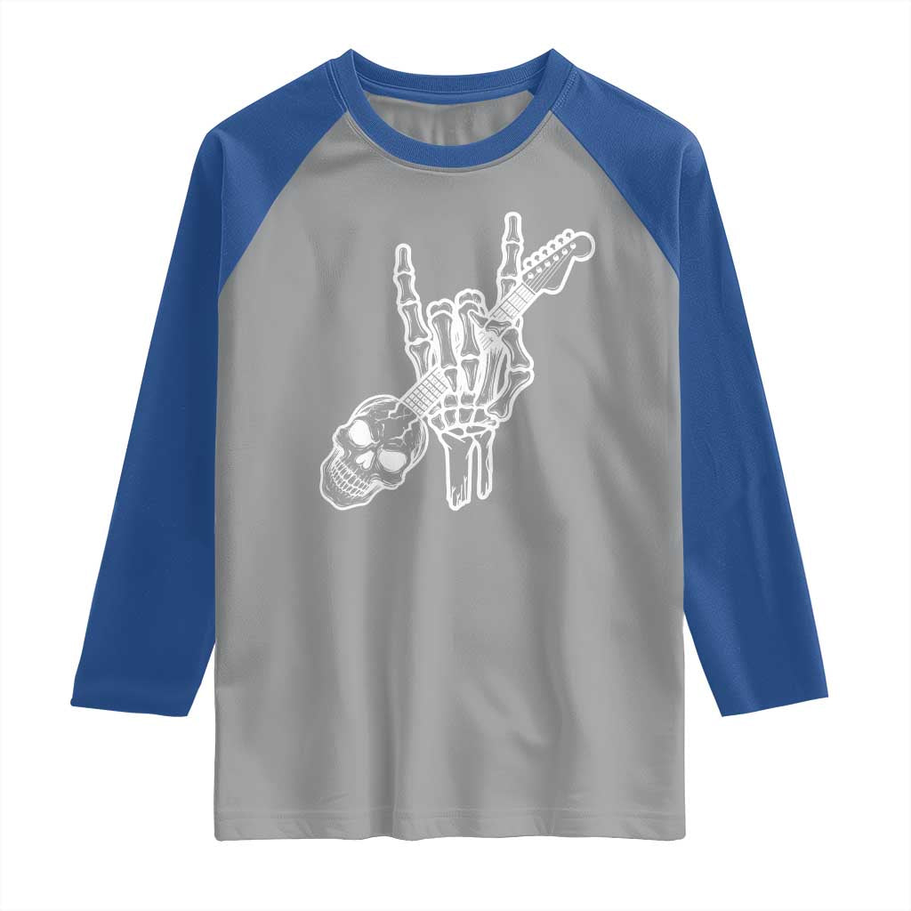Rock N Roll Raglan Shirt Skeleton Hand Playing Guitar Heavy Metal Music - Wonder Print Shop