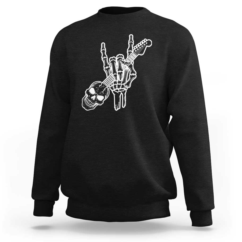 Rock N Roll Sweatshirt Skeleton Hand Playing Guitar Heavy Metal Music - Wonder Print Shop