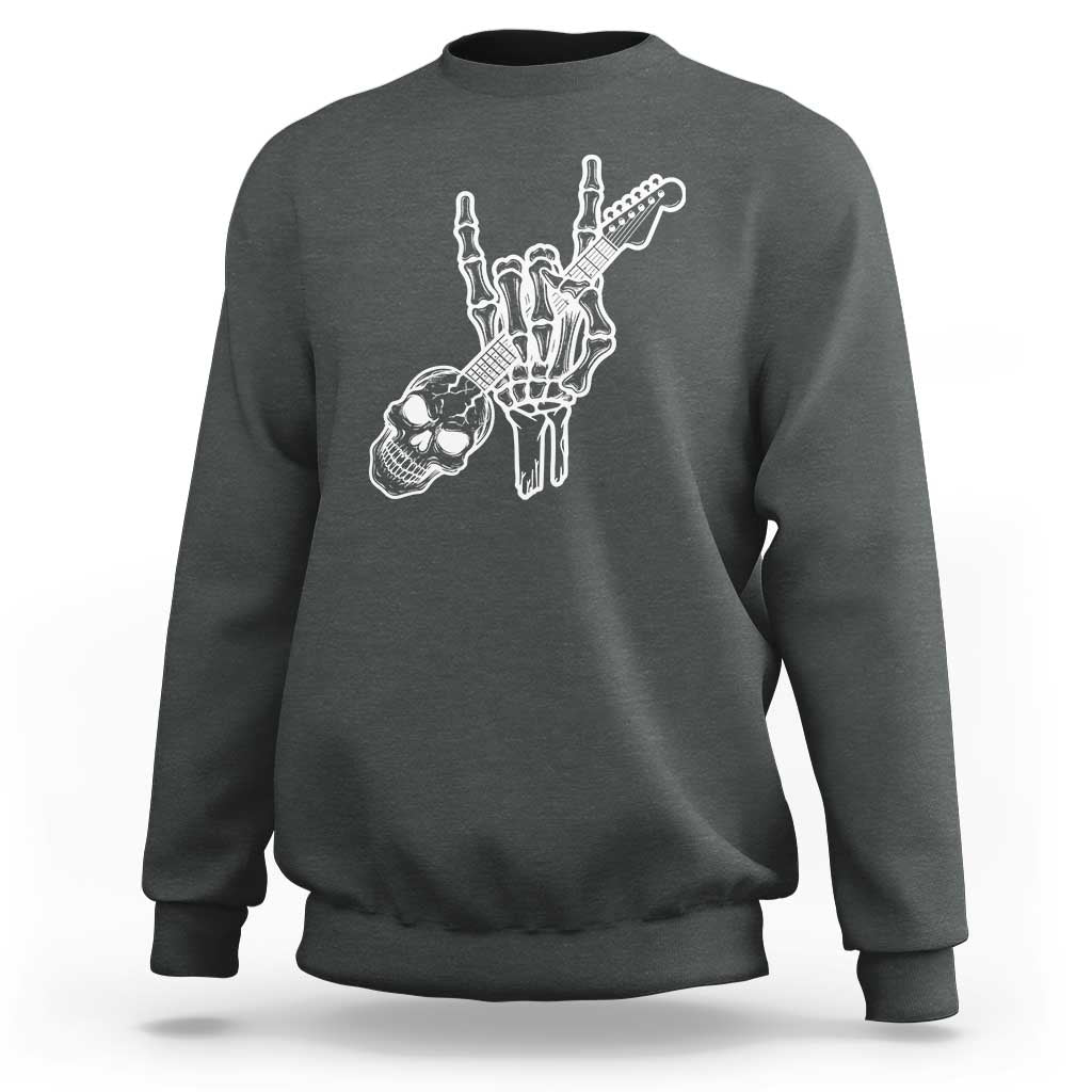 Rock N Roll Sweatshirt Skeleton Hand Playing Guitar Heavy Metal Music - Wonder Print Shop