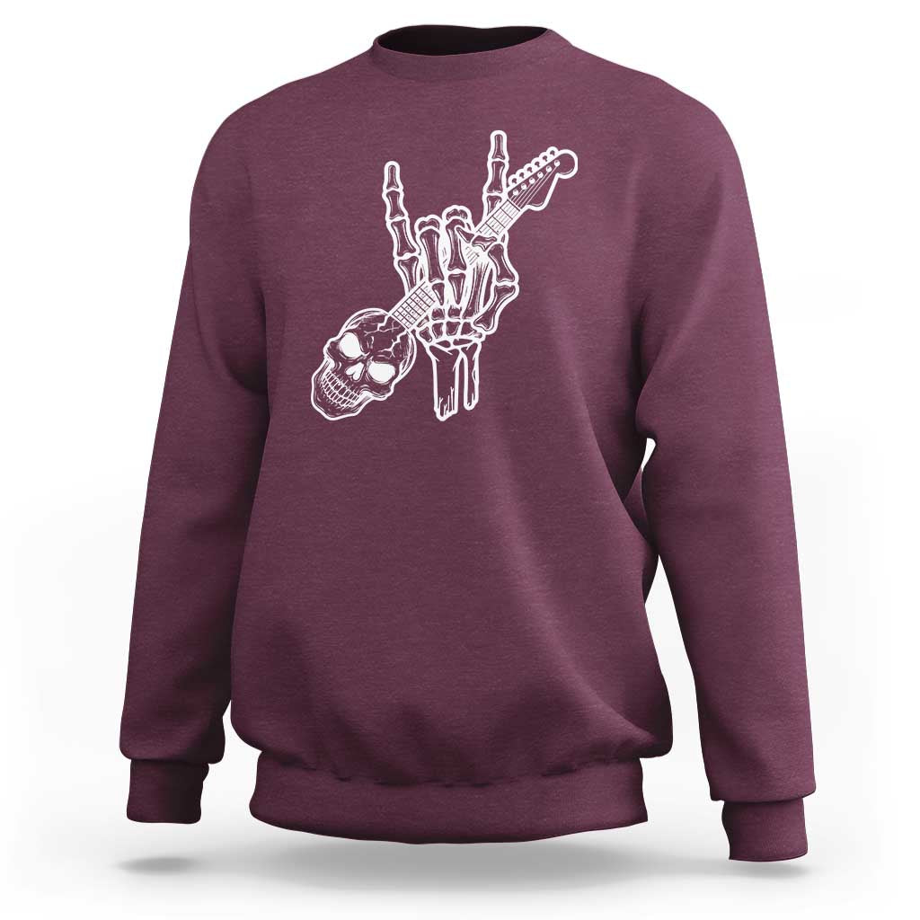 Rock N Roll Sweatshirt Skeleton Hand Playing Guitar Heavy Metal Music - Wonder Print Shop
