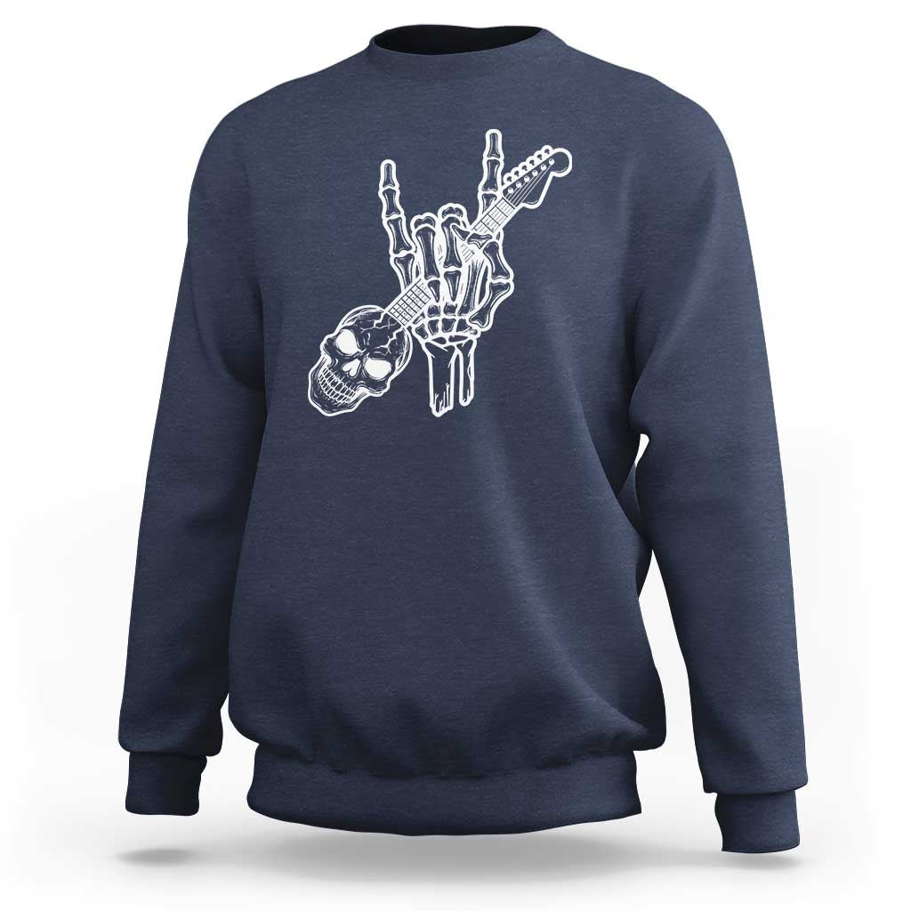 Rock N Roll Sweatshirt Skeleton Hand Playing Guitar Heavy Metal Music - Wonder Print Shop