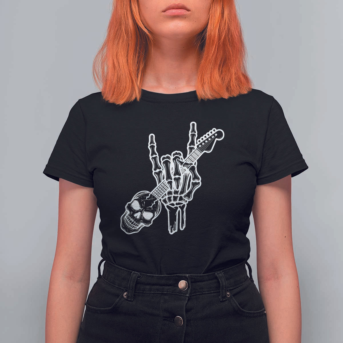 Rock N Roll T Shirt For Women Skeleton Hand Playing Guitar Heavy Metal Music - Wonder Print Shop