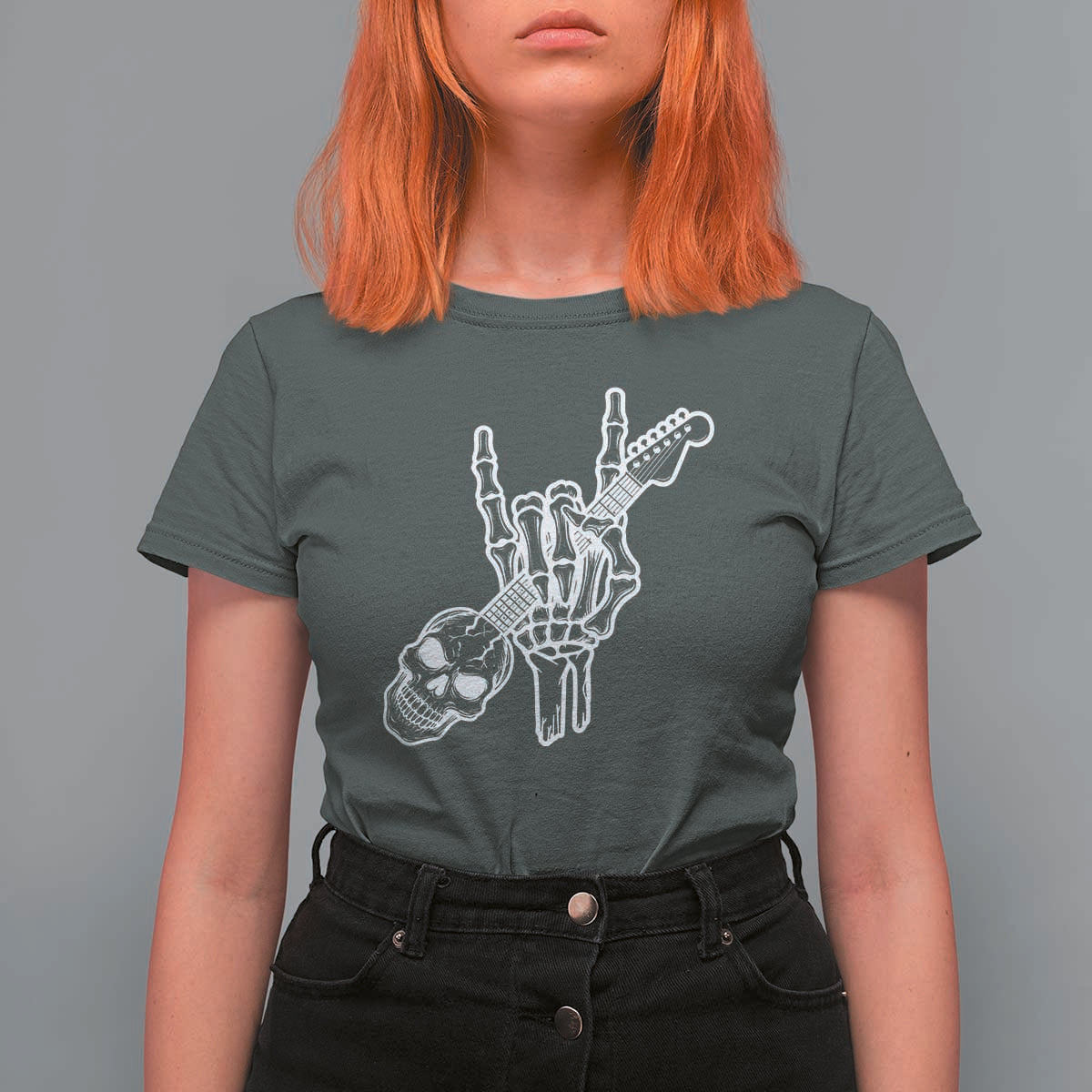 Rock N Roll T Shirt For Women Skeleton Hand Playing Guitar Heavy Metal Music - Wonder Print Shop