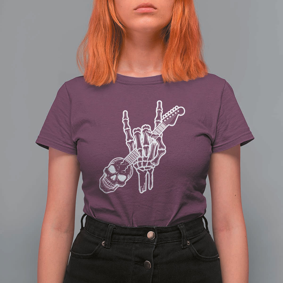 Rock N Roll T Shirt For Women Skeleton Hand Playing Guitar Heavy Metal Music - Wonder Print Shop