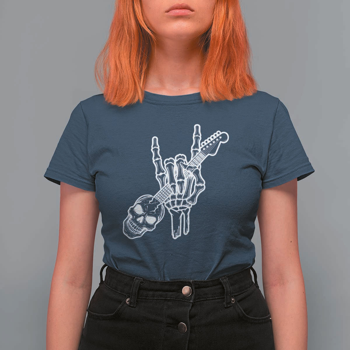 Rock N Roll T Shirt For Women Skeleton Hand Playing Guitar Heavy Metal Music - Wonder Print Shop