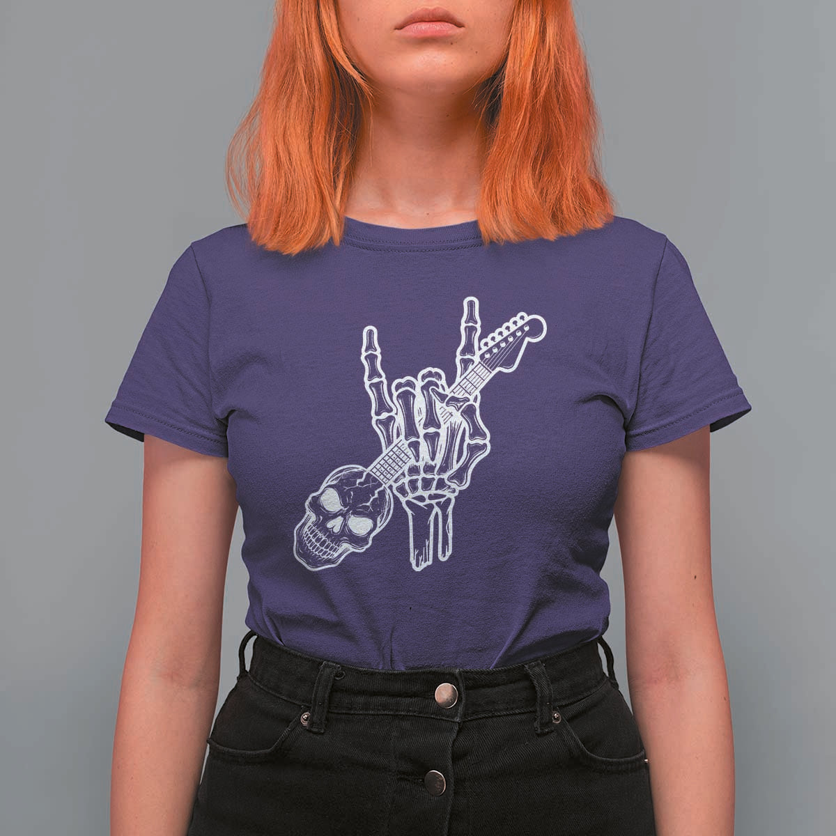 Rock N Roll T Shirt For Women Skeleton Hand Playing Guitar Heavy Metal Music - Wonder Print Shop