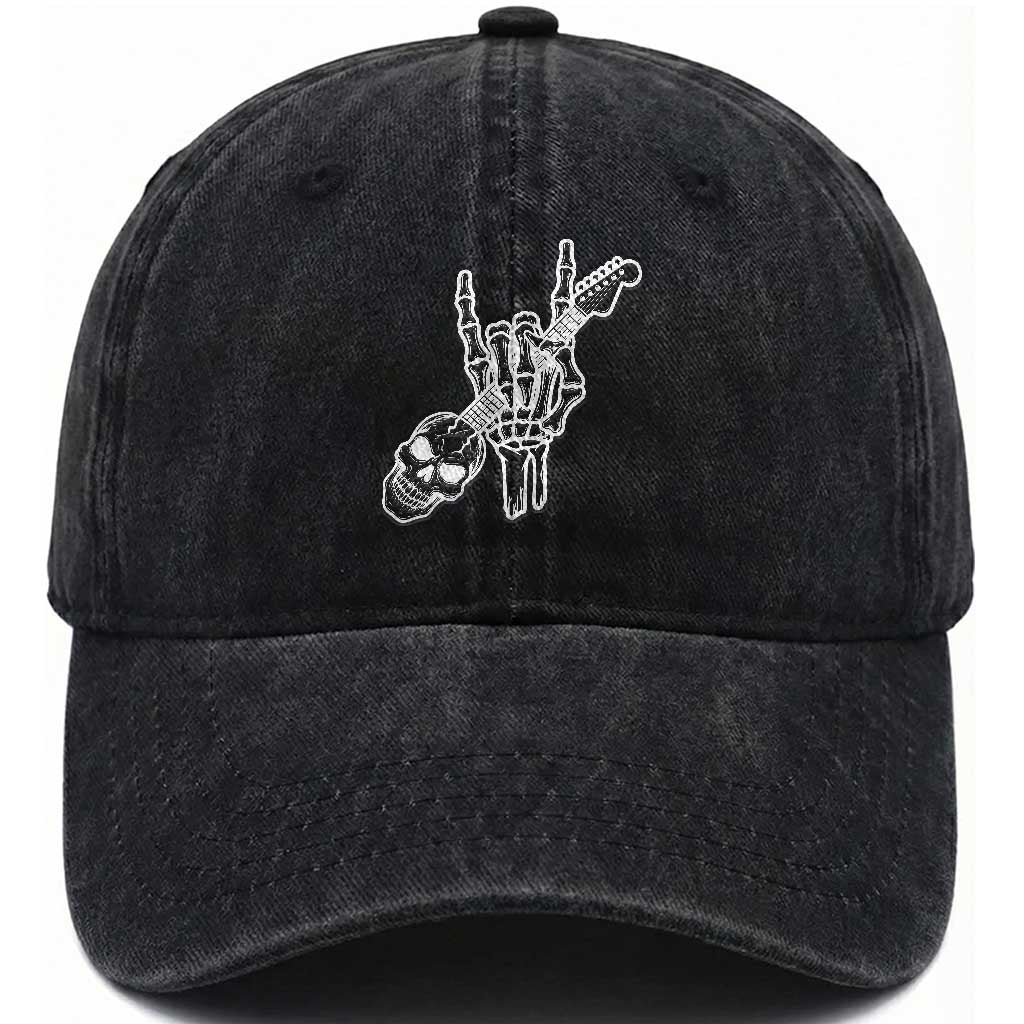 Rock N Roll Washed Cotton Baseball Cap Skeleton Hand Playing Guitar Heavy Metal Music
