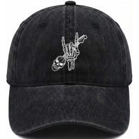 Rock N Roll Washed Cotton Baseball Cap Skeleton Hand Playing Guitar Heavy Metal Music