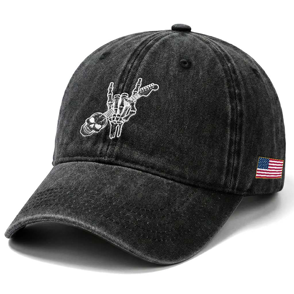 Rock N Roll Washed Cotton Baseball Cap Skeleton Hand Playing Guitar Heavy Metal Music