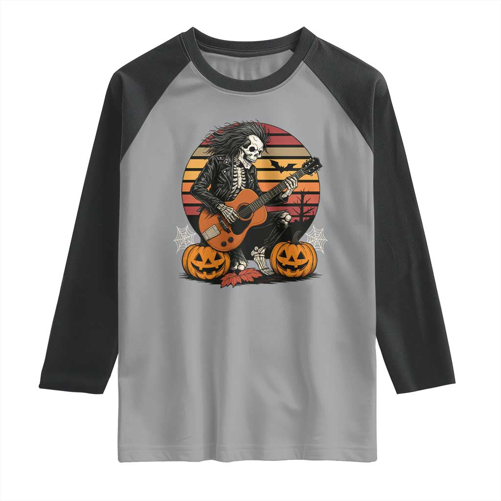 Halloween Rock Raglan Shirt Skeleton Playing Guitar Rock And Roll - Wonder Print Shop