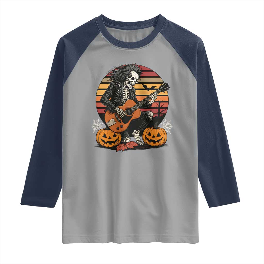 Halloween Rock Raglan Shirt Skeleton Playing Guitar Rock And Roll - Wonder Print Shop