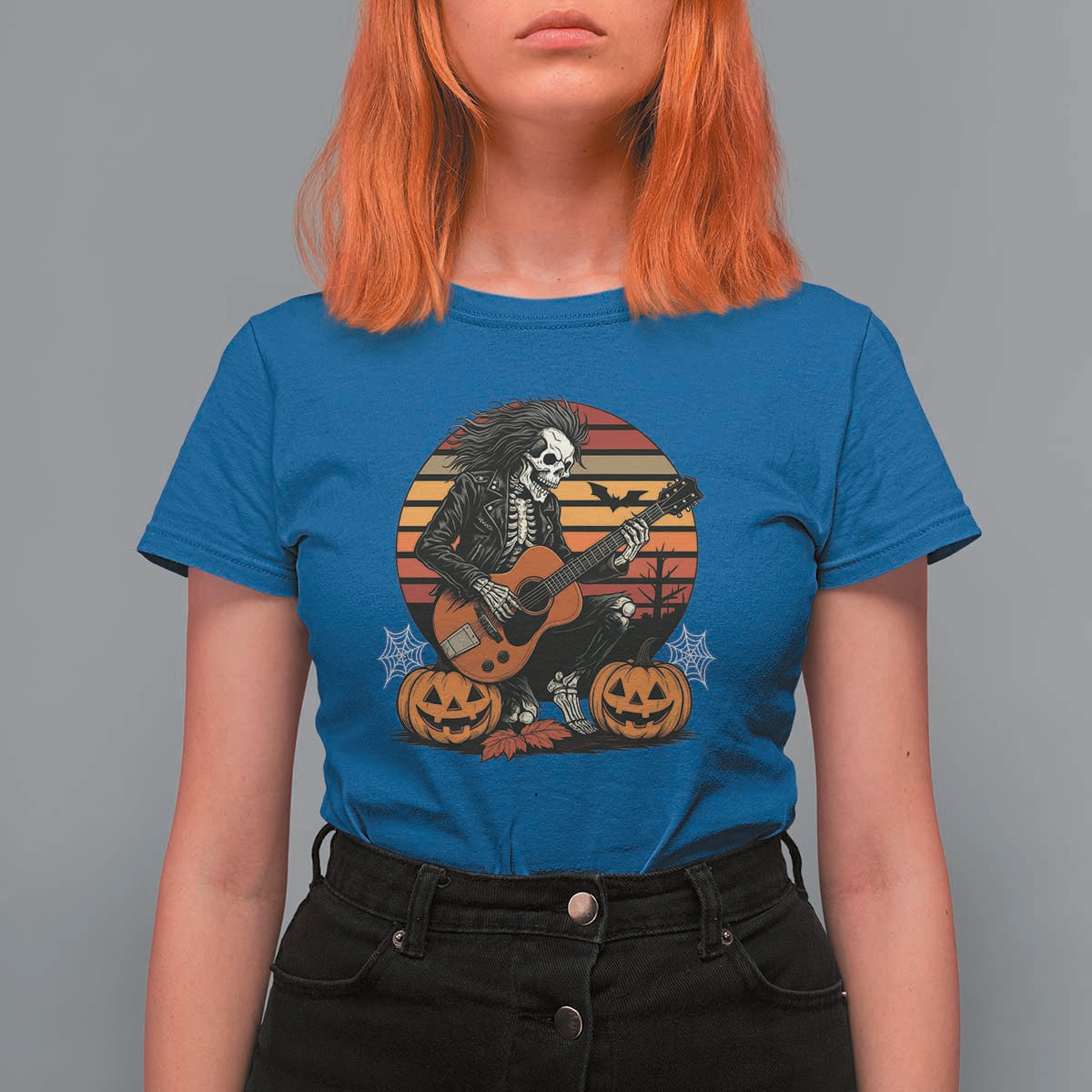 Halloween Rock T Shirt For Women Skeleton Playing Guitar Rock And Roll - Wonder Print Shop