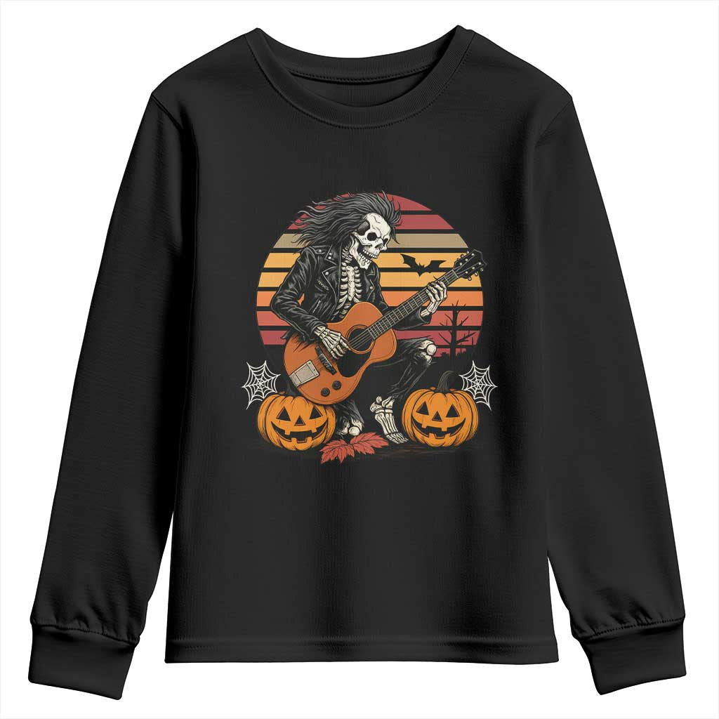 Halloween Rock Youth Sweatshirt Skeleton Playing Guitar Rock And Roll - Wonder Print Shop