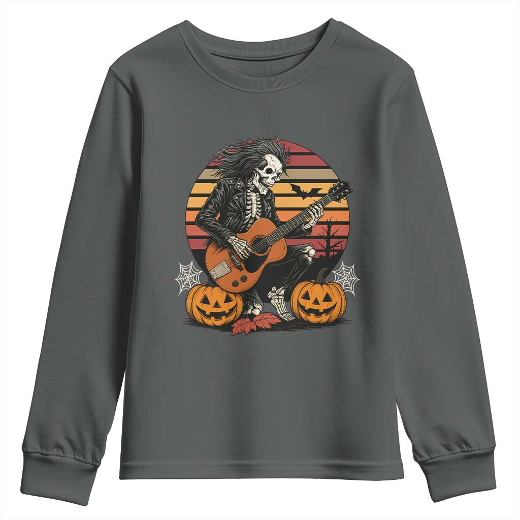 Halloween Rock Youth Sweatshirt Skeleton Playing Guitar Rock And Roll - Wonder Print Shop