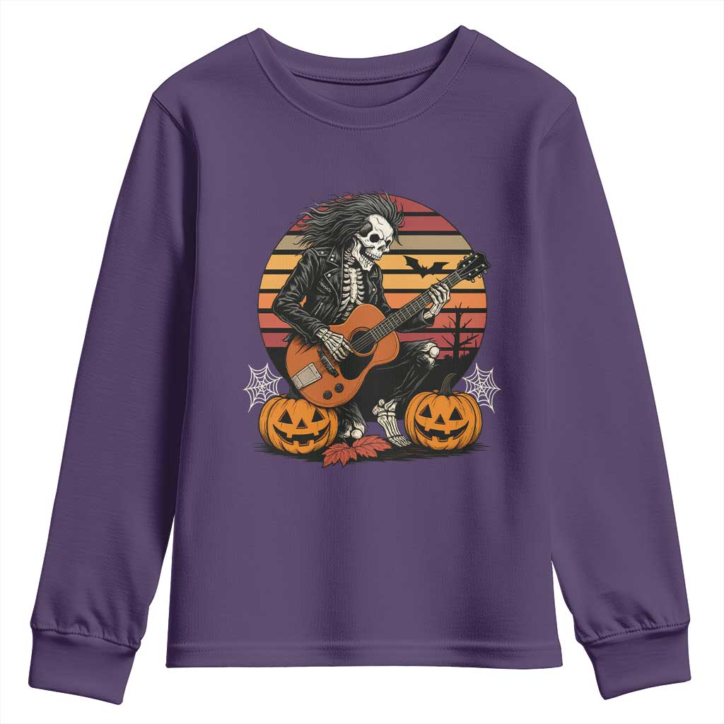 Halloween Rock Youth Sweatshirt Skeleton Playing Guitar Rock And Roll - Wonder Print Shop
