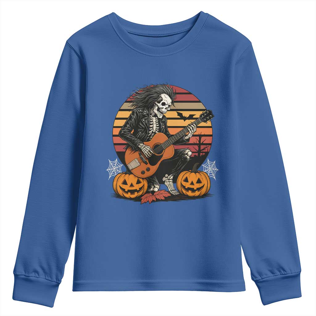 Halloween Rock Youth Sweatshirt Skeleton Playing Guitar Rock And Roll - Wonder Print Shop