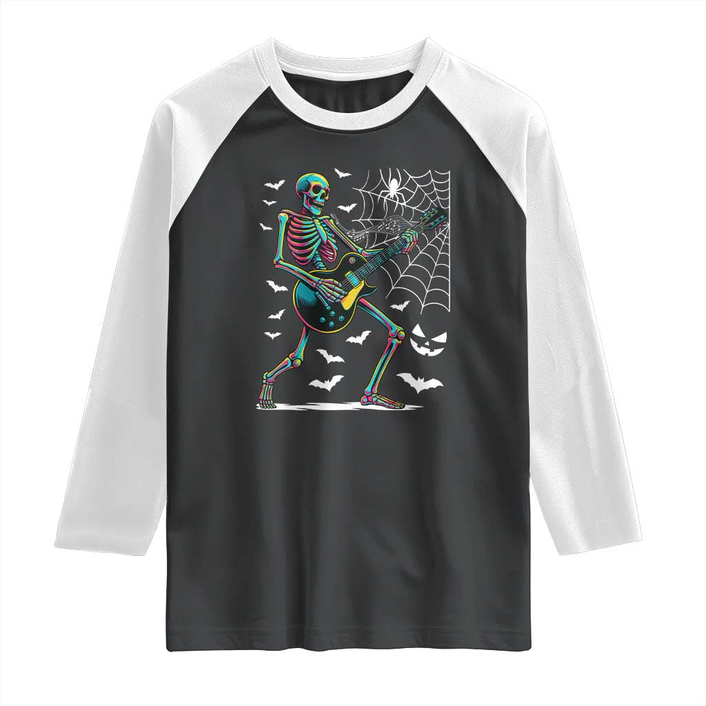 Halloween Rock And Roll Raglan Shirt Skeleton Playing Guitar - Wonder Print Shop