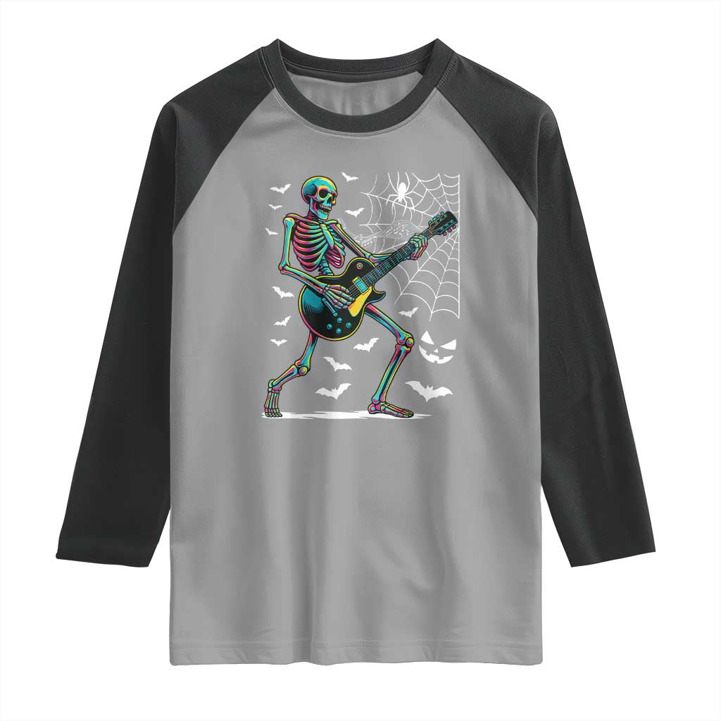 Halloween Rock And Roll Raglan Shirt Skeleton Playing Guitar - Wonder Print Shop