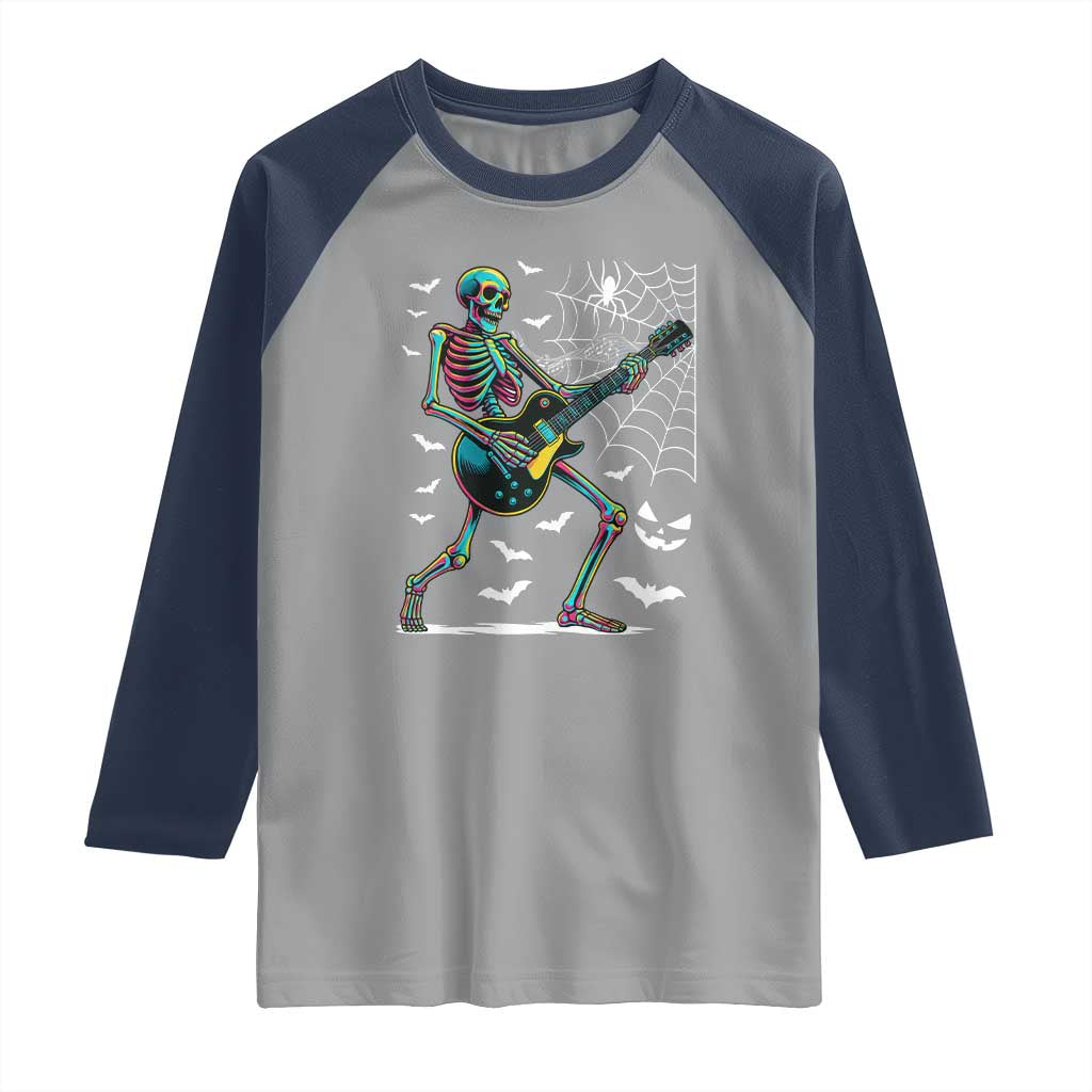 Halloween Rock And Roll Raglan Shirt Skeleton Playing Guitar - Wonder Print Shop