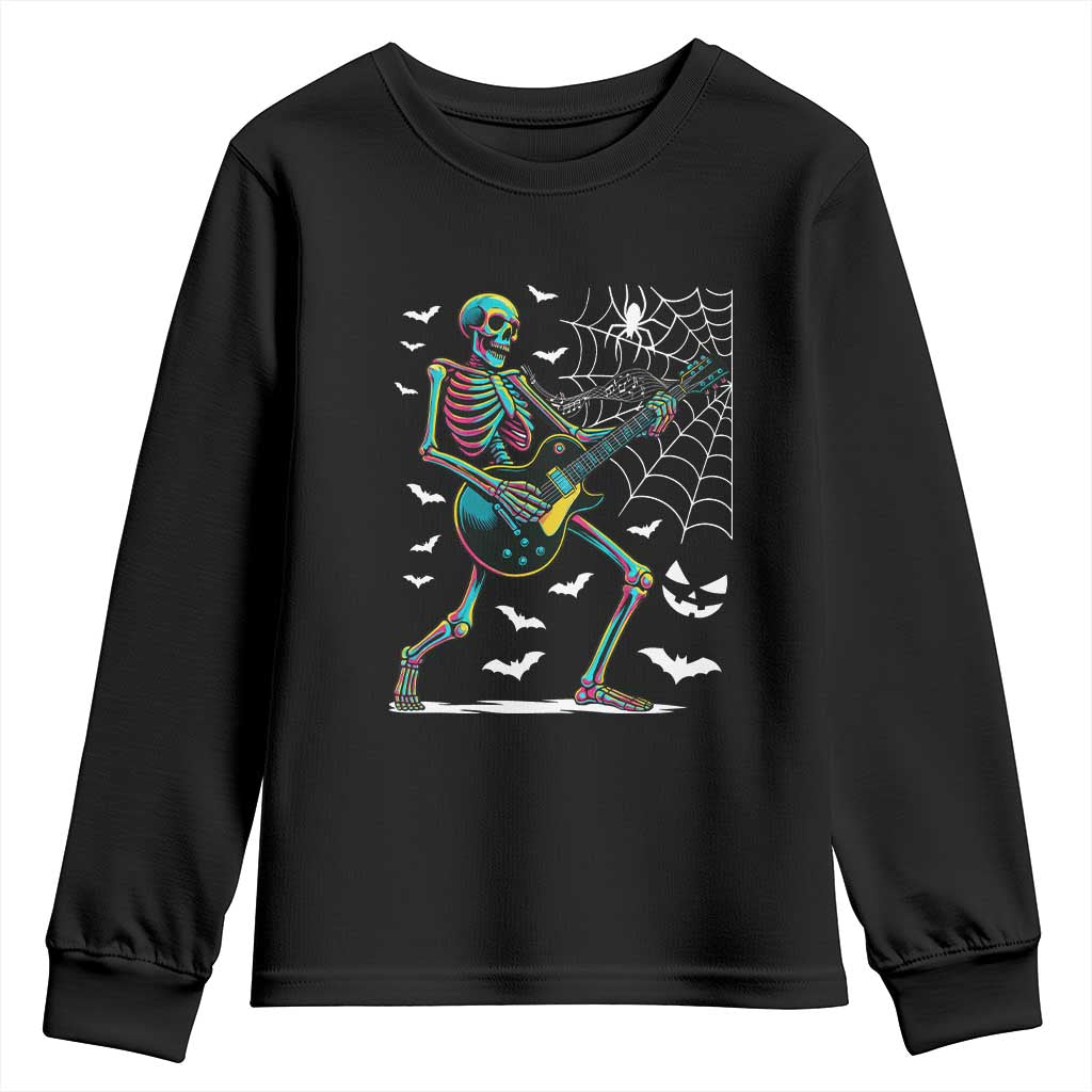Halloween Rock And Roll Youth Sweatshirt Skeleton Playing Guitar - Wonder Print Shop