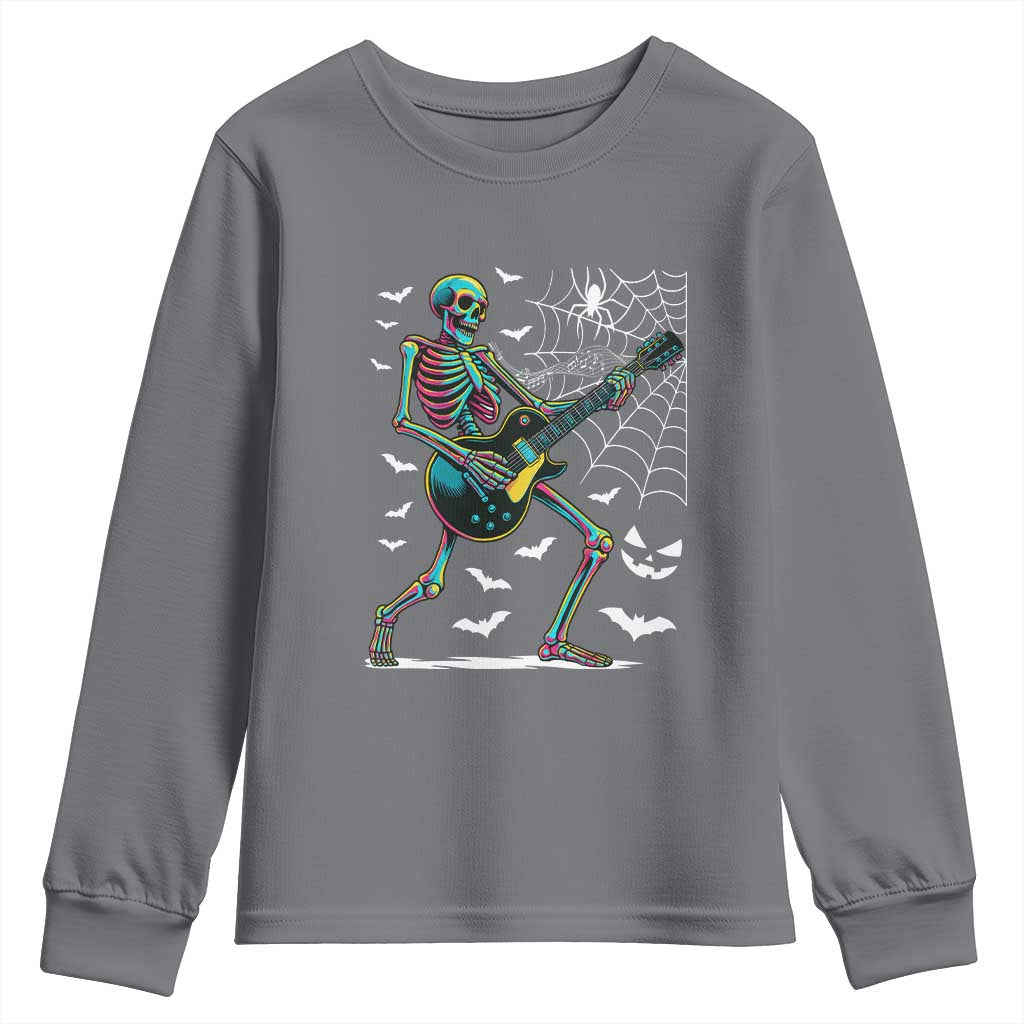 Halloween Rock And Roll Youth Sweatshirt Skeleton Playing Guitar - Wonder Print Shop
