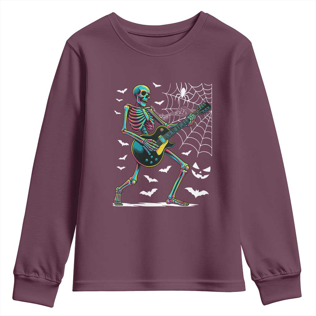Halloween Rock And Roll Youth Sweatshirt Skeleton Playing Guitar - Wonder Print Shop