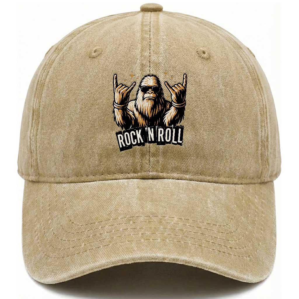 Funny Bigfoot Rock N Roll Washed Cotton Baseball Cap Music Lover Sasquatch