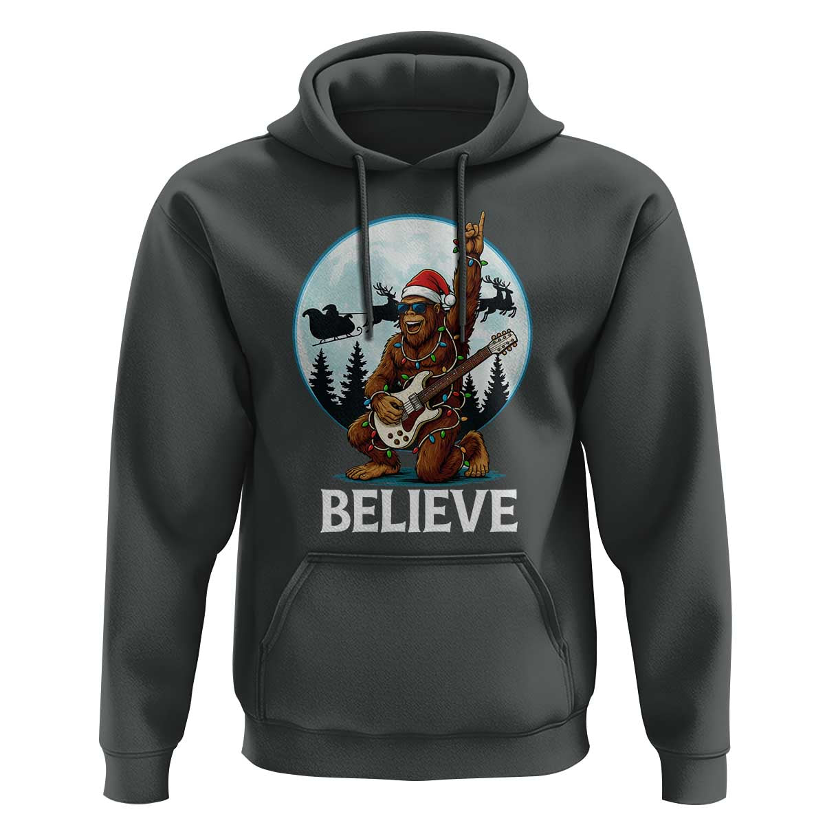 Christmas Bigfoot Hoodie Believe Funny Santa Rock N Roll - Wonder Print Shop