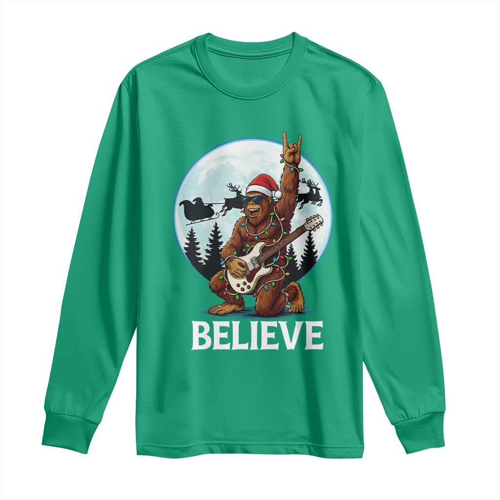 Christmas Bigfoot Long Sleeve Shirt Believe Funny Santa Rock N Roll - Wonder Print Shop