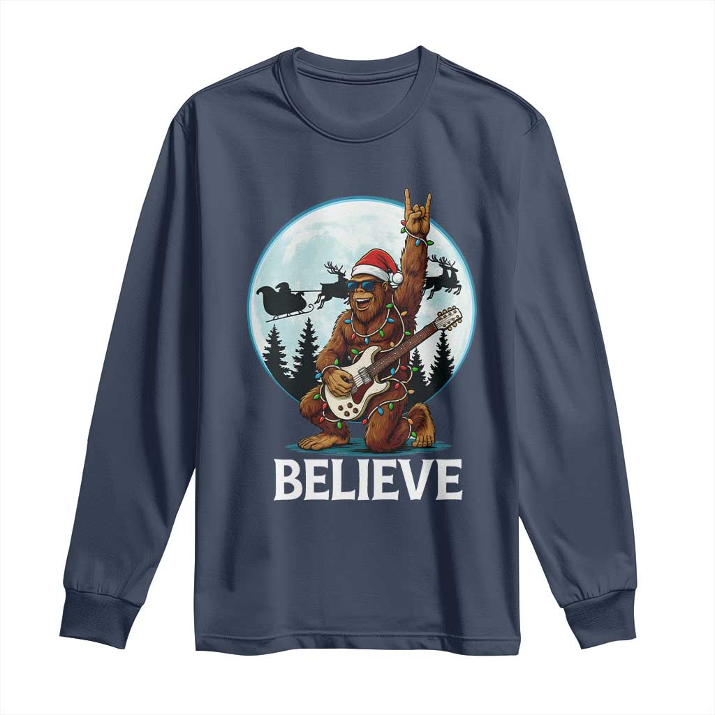 Christmas Bigfoot Long Sleeve Shirt Believe Funny Santa Rock N Roll - Wonder Print Shop