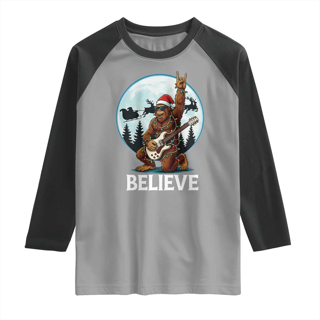 Christmas Bigfoot Raglan Shirt Believe Funny Santa Rock N Roll - Wonder Print Shop
