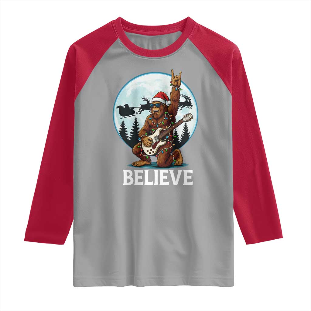 Christmas Bigfoot Raglan Shirt Believe Funny Santa Rock N Roll - Wonder Print Shop