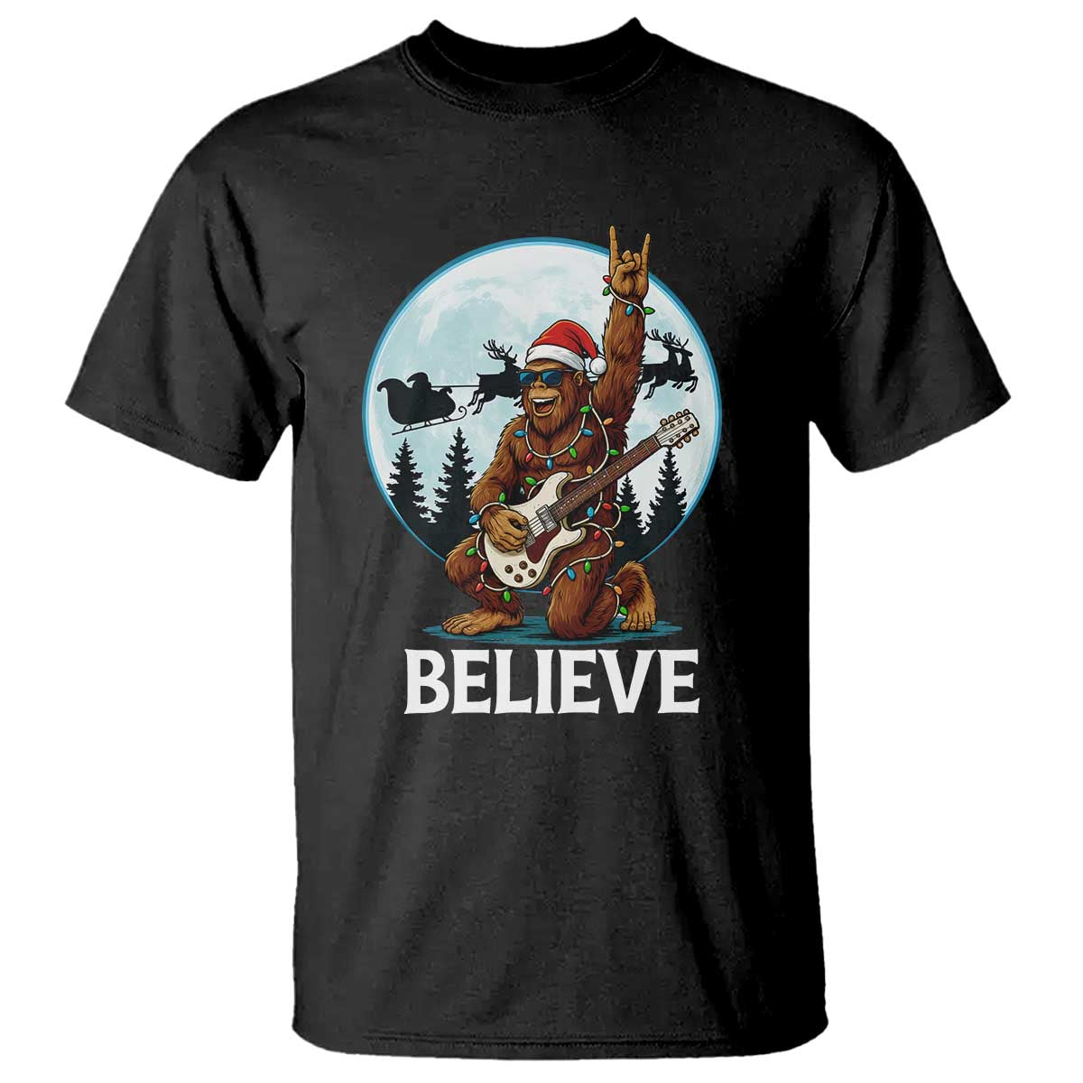 Christmas Bigfoot T Shirt Believe Funny Santa Rock N Roll - Wonder Print Shop
