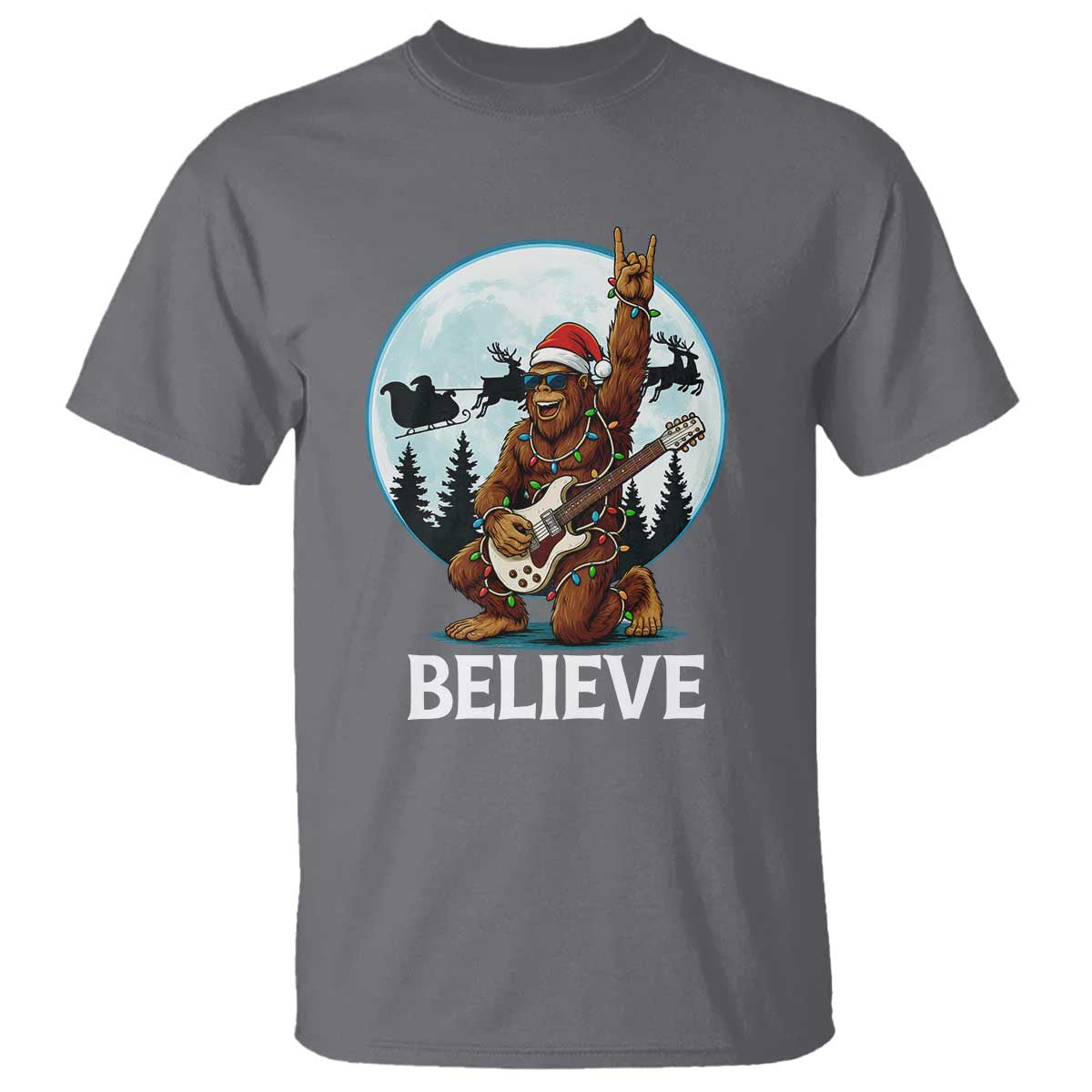 Christmas Bigfoot T Shirt Believe Funny Santa Rock N Roll - Wonder Print Shop
